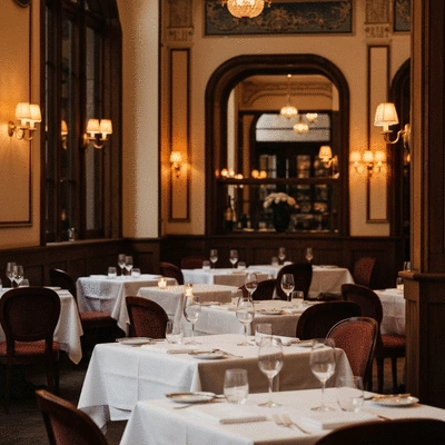 Elegant French restaurant interior with soft romantic lighting