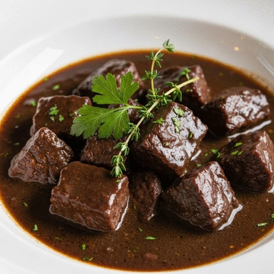 Gourmet French dish beef bourguignon served on a white plate with wine
