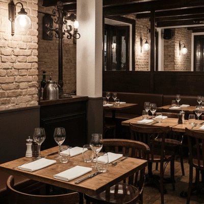 Cozy French bistro interior with wooden tables and warm lighting