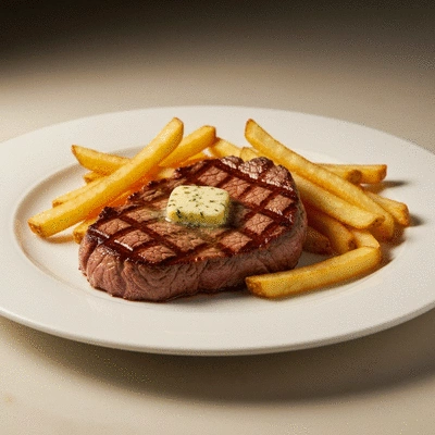 Classic French steak frites served on a white plate in a bistro setting
