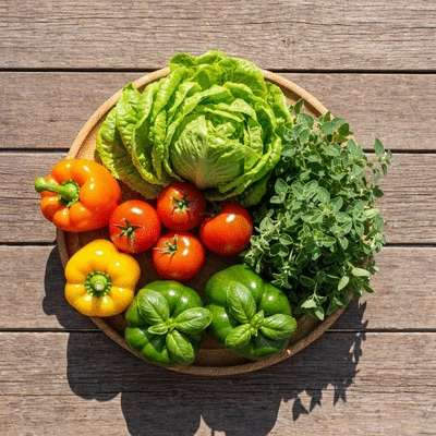 Selection of fresh seasonal vegetables and herbs on a wooden table