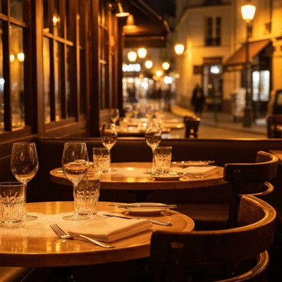 Atmospheric late-night French bistro with warm lighting and diners