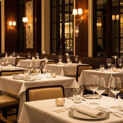 Elegant restaurant interior with white tablecloths and warm lighting