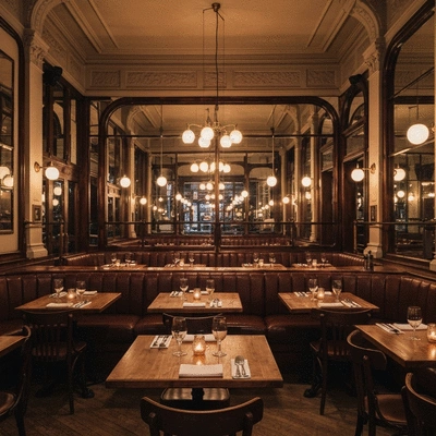 Elegant French brasserie interior with warm lighting and wooden furniture