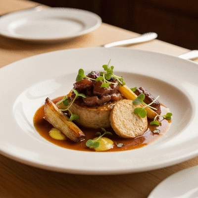 Gourmet French dish with artful presentation on a white plate