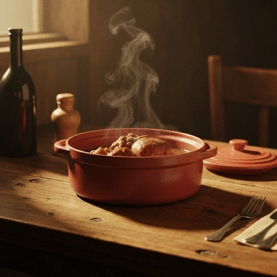 Traditional French Coq au Vin served in a rustic ceramic pot in a cozy bistro