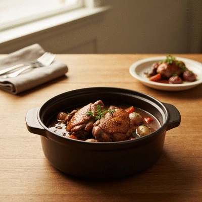 Gourmet French Coq au Vin in a rustic ceramic pot