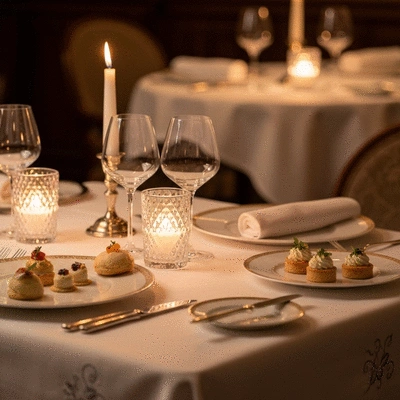 Luxurious French dining table setting with candlelight and gourmet dishes