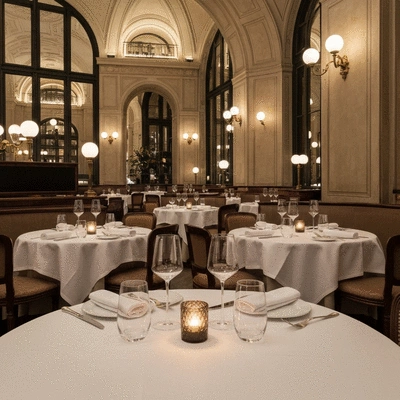 Elegant luxury brasserie interior with warm lighting and white tablecloths