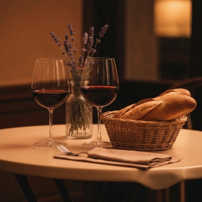 Elegant French bistro table setting with wine and fresh baguette