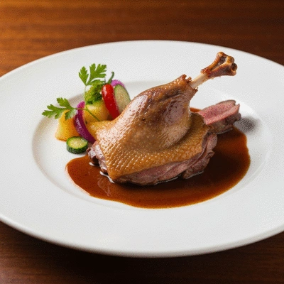 Gourmet French duck confit dish with garnish