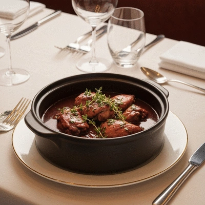 Close up of a gourmet Coq au Vin served in a ceramic bowl on a dark table