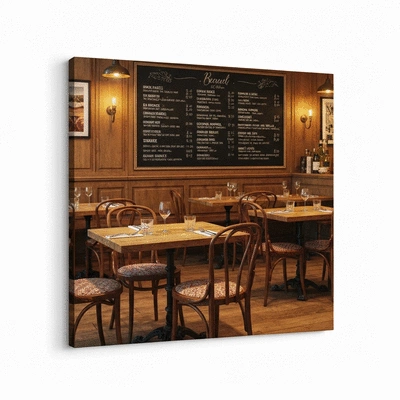 Cozy interior of a Parisian style bistro with rustic wooden tables and soft lighting