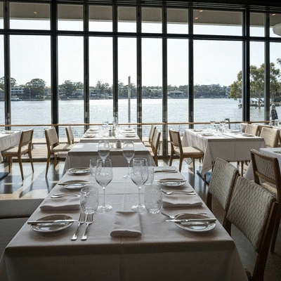 Modern French bistro interior with view of Swan River