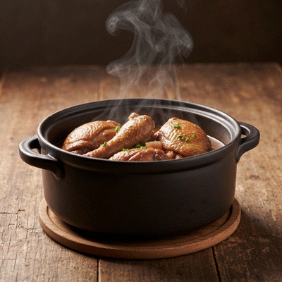 Traditional French Coq au Vin served in a rustic ceramic pot